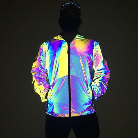 Unisex Holographic Reflektierende Jacke, Rainbow Rave Wear Mantel,  Reflektierende Oberbekleidung Trainingsjacke Rave Outfit - .de