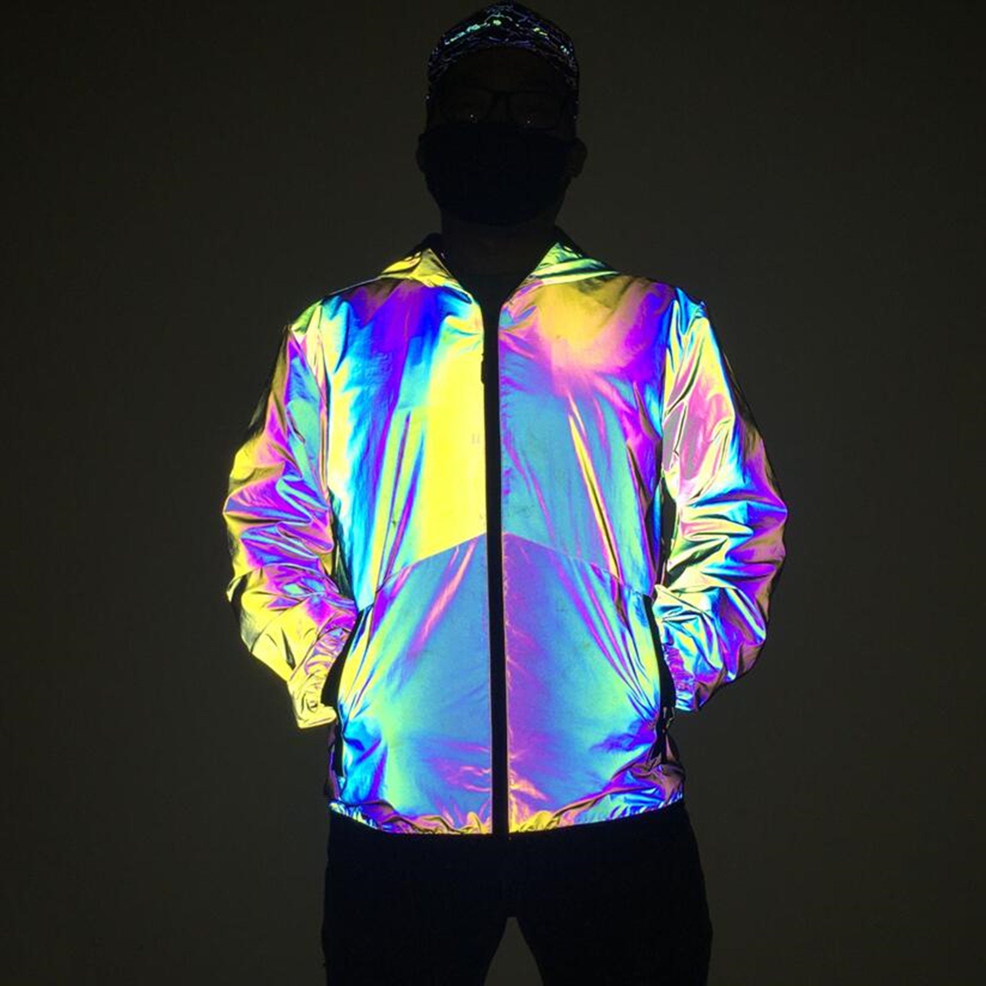 Unisex Holographic Reflective Jacket, Rainbow Rave Wear Coat