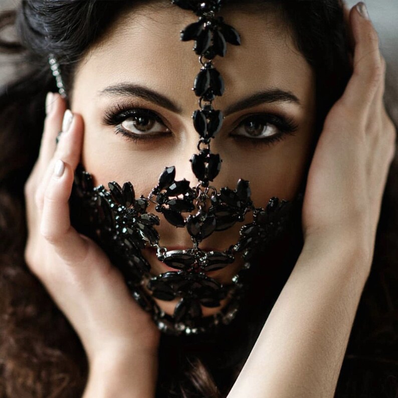 Face Mask Black Envaly Crystal Dance Jewelry Rhinestone Half Etsy