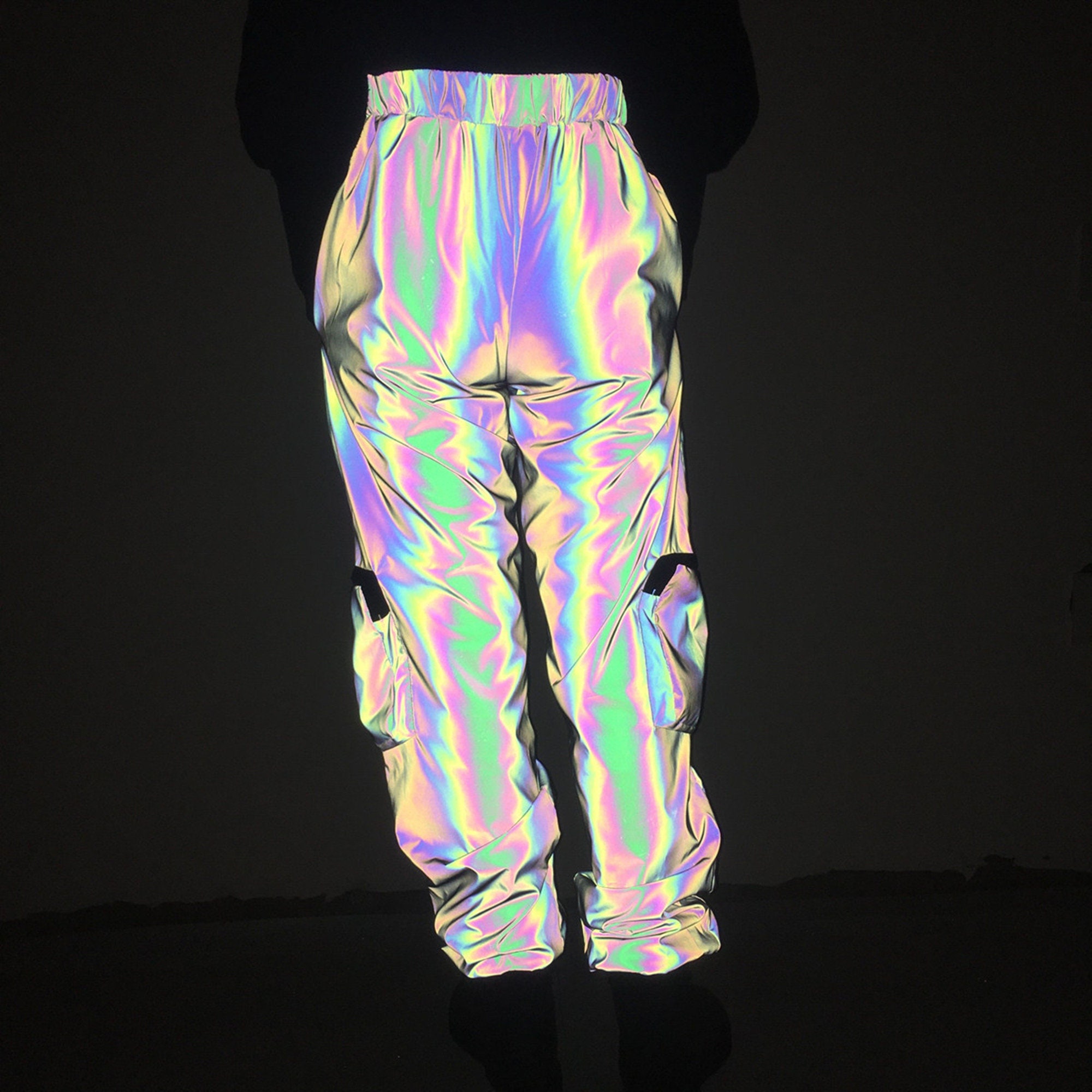 Holographic Women's Reflective Rainbow Pants, Reflective Cargo Pants,  Psychedelic Multi-pocket Pants, Rave Outfit Concert Clothing 