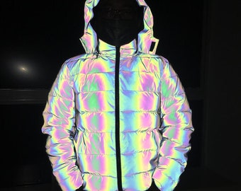 Unisex Holographic Reflective Rainbow Jacket, Unique Reflecting Winter Jacket, Iridescent Thick Coat, Outstanding Festival Clothing