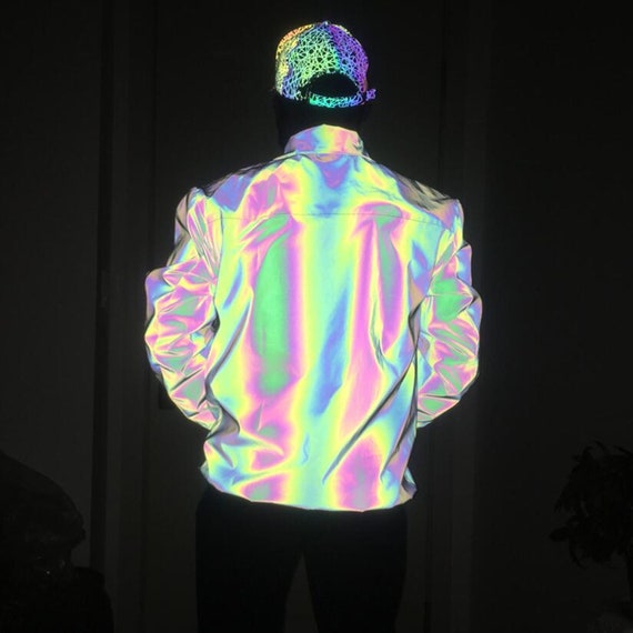 Unisex Holographic Reflektierende Jacke, Rainbow Rave Wear Mantel