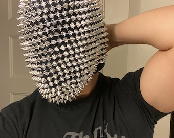 Silver Full Face Spike Mask, Handmade Full Coverage Haute Couture Mask (Halloween, EDM, Cosplay, Rave, Party, Movie)