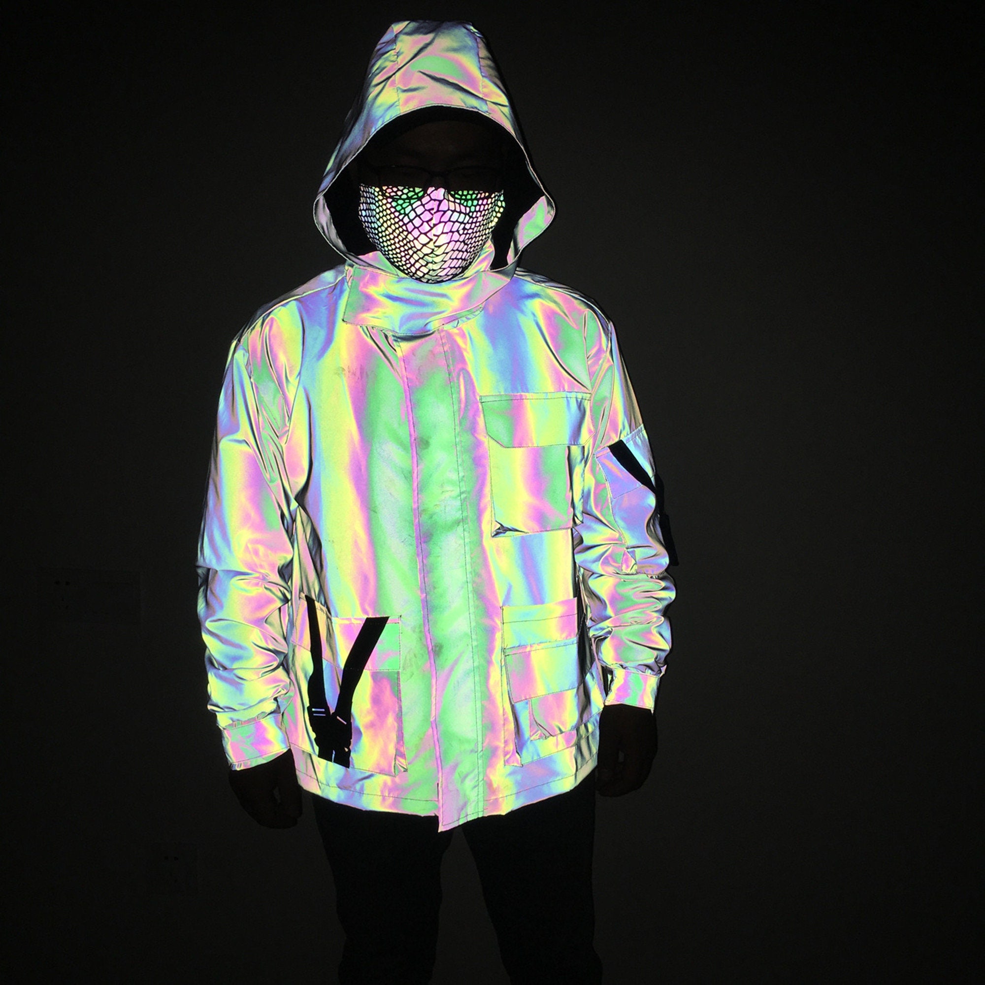 Holographic Colorful Reflective Jacket Men s Zipper Hooded Cargo