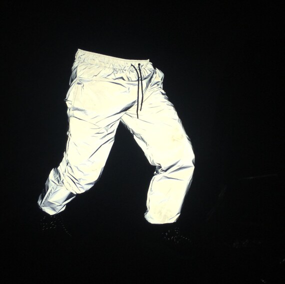 Unisex Holographic Reflective White Pants, Reflective Rave Bottoms