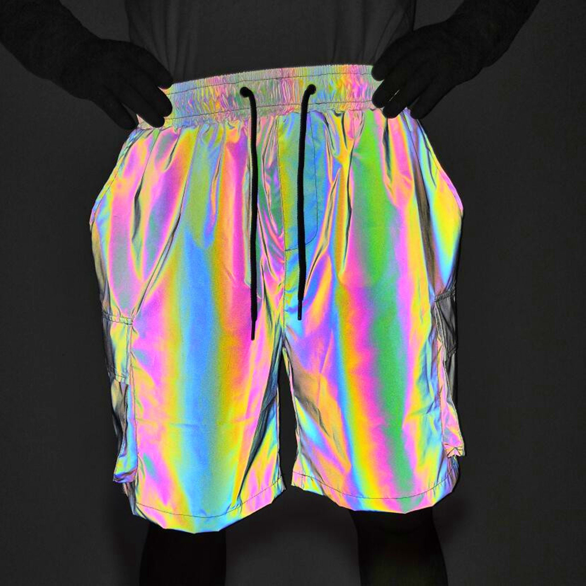 Short arc-en-ciel réfléchissant pour hommes holographiques, Shorts  lumineux, Shorts de fête de festival, shorts cargo réfléchissants, Shorts  multi-poches psychédéliques -  France