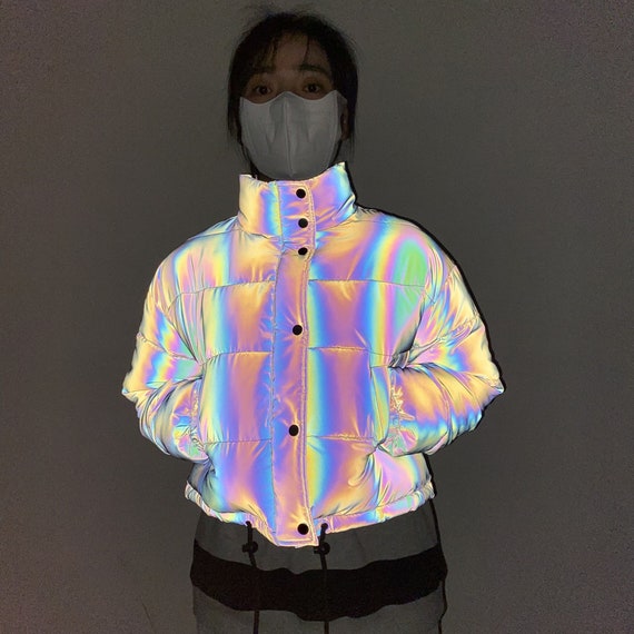Chaqueta blanca reflectante holográfica unisex, chaqueta de invierno  reflectante única, abrigo grueso iridiscente, ropa de festival excepcional  -  México