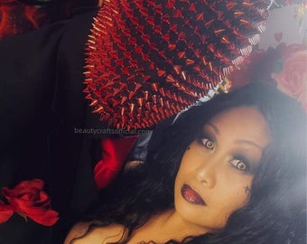 Red Full Face Spike Mask, Handmade Full Coverage Haute Couture Mask (Halloween, EDM, Cosplay, Rave, Party, Movie)