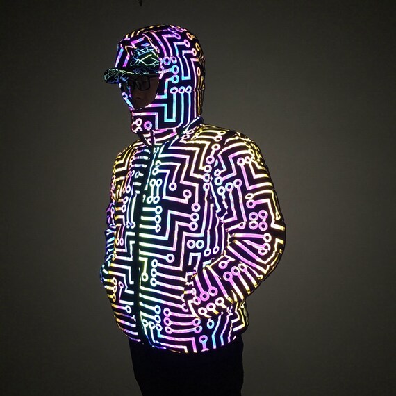 Men's Geometric Pattern Rainbow Reflective Jacket Hip Hop Colorful  Reflective