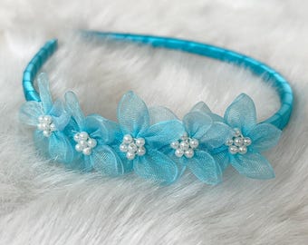 Ribbon Wrapped Headband with Organza Flowers & Pearl Detailing | 15 Different Color Options