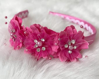 Satin Headband with Flowers & Gems | 8 Different Color Options