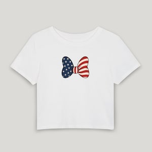 Minnie Bow Inspired Fourth of July Baby Tee | Minnie Mouse Cropped Vintage American Flag Cropped Womens Shirt | Disney USA Shirt image 19