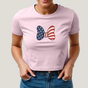 Minnie Bow Inspired Fourth of July Baby Tee | Minnie Mouse Cropped Vintage American Flag Cropped Womens Shirt | Disney USA Shirt Cherry Blossom