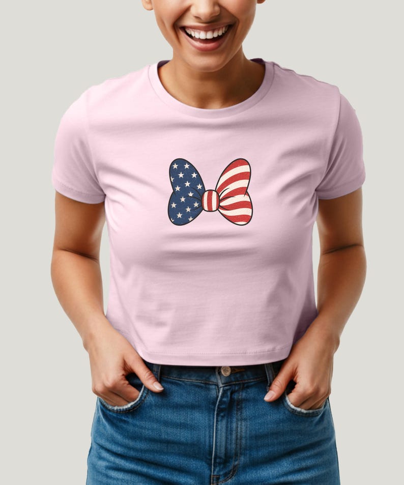 Minnie Bow Inspired Fourth of July Baby Tee | Minnie Mouse Cropped Vintage American Flag Cropped Womens Shirt | Disney USA Shirt Cherry Blossom