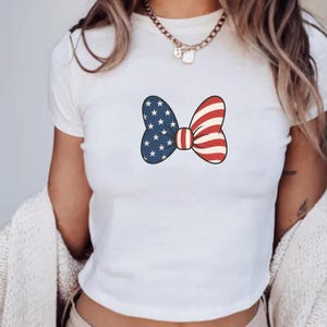 Minnie Bow Inspired Fourth of July Baby Tee | Minnie Mouse Cropped Vintage American Flag Cropped Womens Shirt | Disney USA Shirt Cloud Dancer