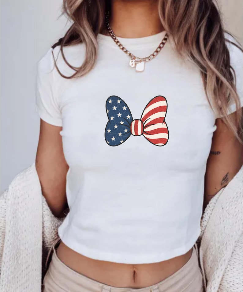 Minnie Bow Inspired Fourth of July Baby Tee | Minnie Mouse Cropped Vintage American Flag Cropped Womens Shirt | Disney USA Shirt Cloud Dancer