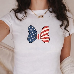 Minnie Bow Inspired Fourth of July Baby Tee | Minnie Mouse Cropped Vintage American Flag Cropped Womens Shirt | Disney USA Shirt image 4