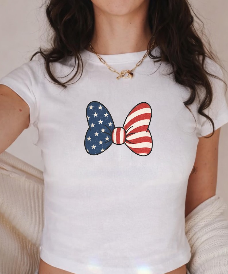 Minnie Bow Inspired Fourth of July Baby Tee | Minnie Mouse Cropped Vintage American Flag Cropped Womens Shirt | Disney USA Shirt image 4
