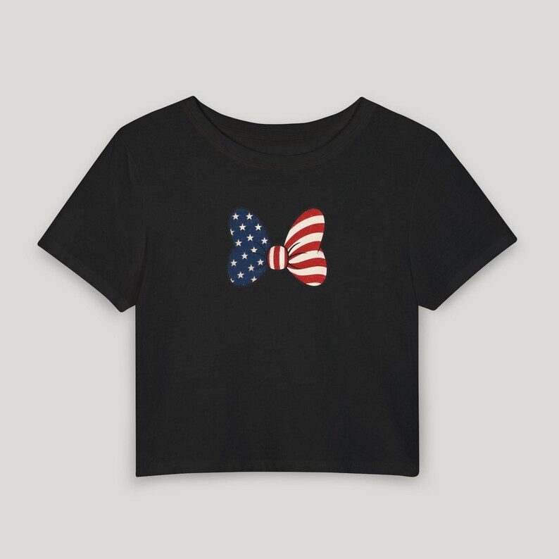 Minnie Bow Inspired Fourth of July Baby Tee | Minnie Mouse Cropped Vintage American Flag Cropped Womens Shirt | Disney USA Shirt image 10