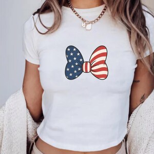 Minnie Bow Inspired Fourth of July Baby Tee | Minnie Mouse Cropped Vintage American Flag Cropped Womens Shirt | Disney USA Shirt image 8