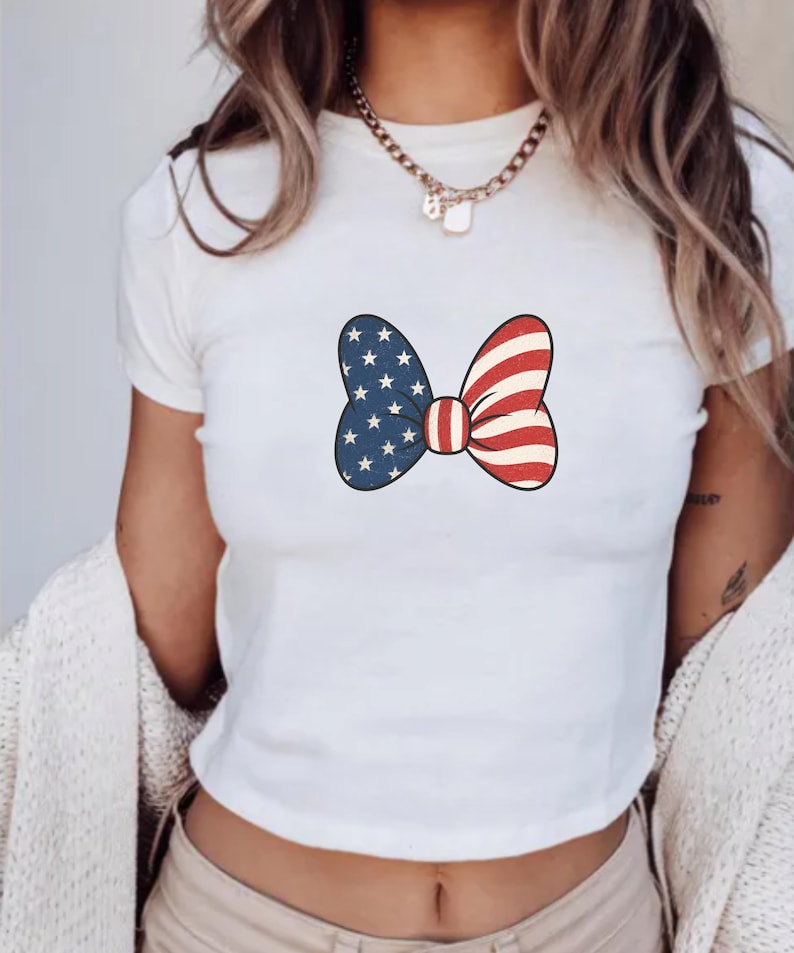 Minnie Bow Inspired Fourth of July Baby Tee | Minnie Mouse Cropped Vintage American Flag Cropped Womens Shirt | Disney USA Shirt image 8