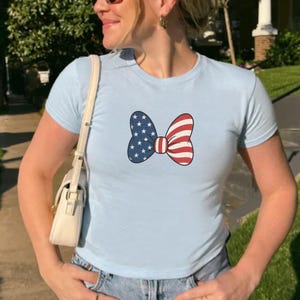 Minnie Bow Inspired Fourth of July Baby Tee | Minnie Mouse Cropped Vintage American Flag Cropped Womens Shirt | Disney USA Shirt image 12
