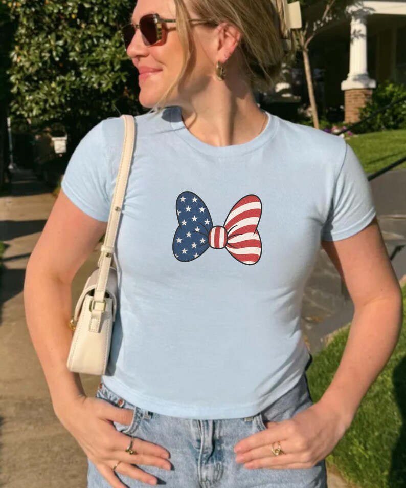 Minnie Bow Inspired Fourth of July Baby Tee | Minnie Mouse Cropped Vintage American Flag Cropped Womens Shirt | Disney USA Shirt image 12