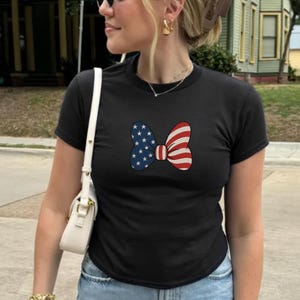 Minnie Bow Inspired Fourth of July Baby Tee | Minnie Mouse Cropped Vintage American Flag Cropped Womens Shirt | Disney USA Shirt image 14