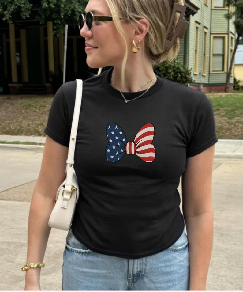 Minnie Bow Inspired Fourth of July Baby Tee | Minnie Mouse Cropped Vintage American Flag Cropped Womens Shirt | Disney USA Shirt image 14