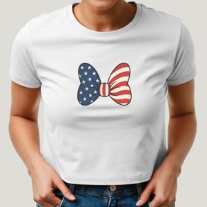Minnie Bow Inspired Fourth of July Baby Tee | Minnie Mouse Cropped Vintage American Flag Cropped Womens Shirt | Disney USA Shirt image 17