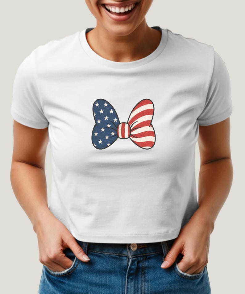 Minnie Bow Inspired Fourth of July Baby Tee | Minnie Mouse Cropped Vintage American Flag Cropped Womens Shirt | Disney USA Shirt image 17