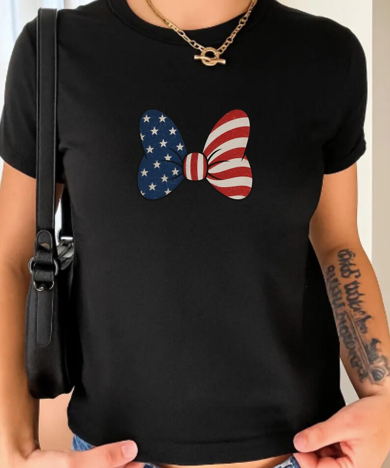 Minnie Bow Inspired Fourth of July Baby Tee | Minnie Mouse Cropped Vintage American Flag Cropped Womens Shirt | Disney USA Shirt Caviar