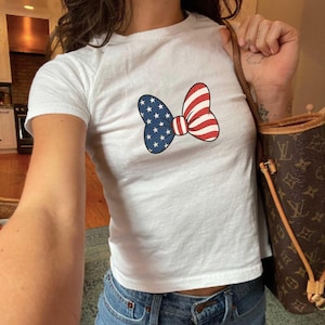 Minnie Bow Inspired Fourth of July Baby Tee | Minnie Mouse Cropped Vintage American Flag Cropped Womens Shirt | Disney USA Shirt image 5