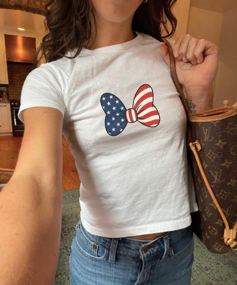 Minnie Bow Inspired Fourth of July Baby Tee | Minnie Mouse Cropped Vintage American Flag Cropped Womens Shirt | Disney USA Shirt image 5