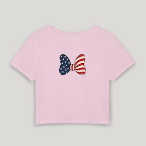 Minnie Bow Inspired Fourth of July Baby Tee | Minnie Mouse Cropped Vintage American Flag Cropped Womens Shirt | Disney USA Shirt image 6
