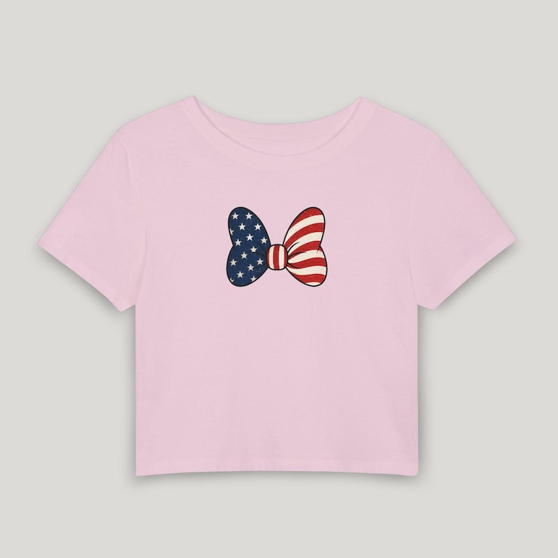 Minnie Bow Inspired Fourth of July Baby Tee | Minnie Mouse Cropped Vintage American Flag Cropped Womens Shirt | Disney USA Shirt image 6