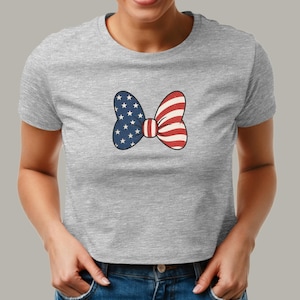 Minnie Bow Inspired Fourth of July Baby Tee | Minnie Mouse Cropped Vintage American Flag Cropped Womens Shirt | Disney USA Shirt image 3
