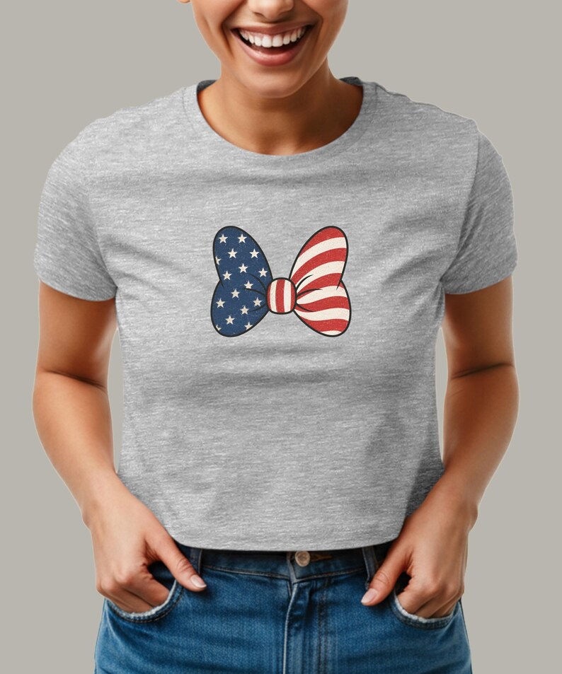 Minnie Bow Inspired Fourth of July Baby Tee | Minnie Mouse Cropped Vintage American Flag Cropped Womens Shirt | Disney USA Shirt image 3