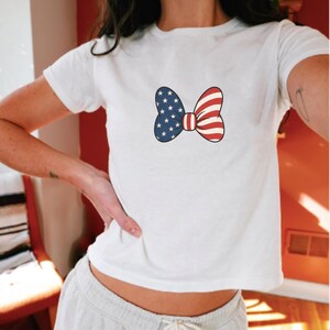 Minnie Bow Inspired Fourth of July Baby Tee | Minnie Mouse Cropped Vintage American Flag Cropped Womens Shirt | Disney USA Shirt image 11
