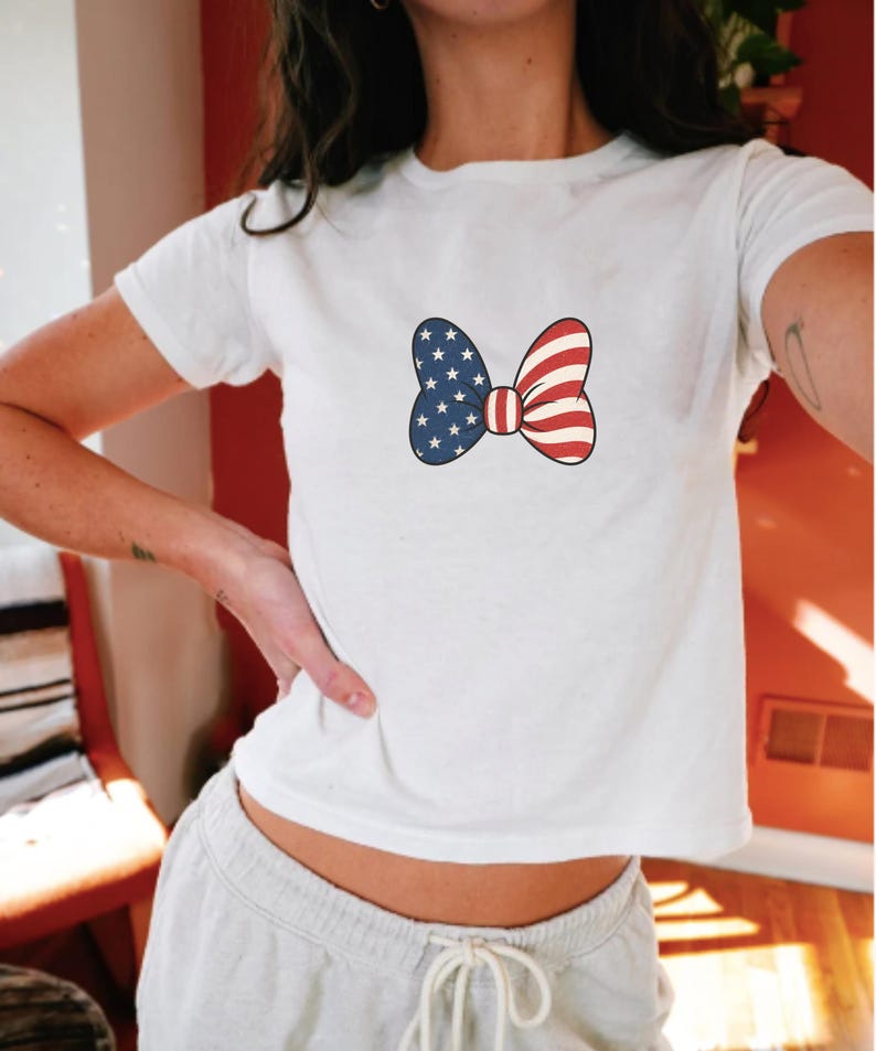Minnie Bow Inspired Fourth of July Baby Tee | Minnie Mouse Cropped Vintage American Flag Cropped Womens Shirt | Disney USA Shirt image 11