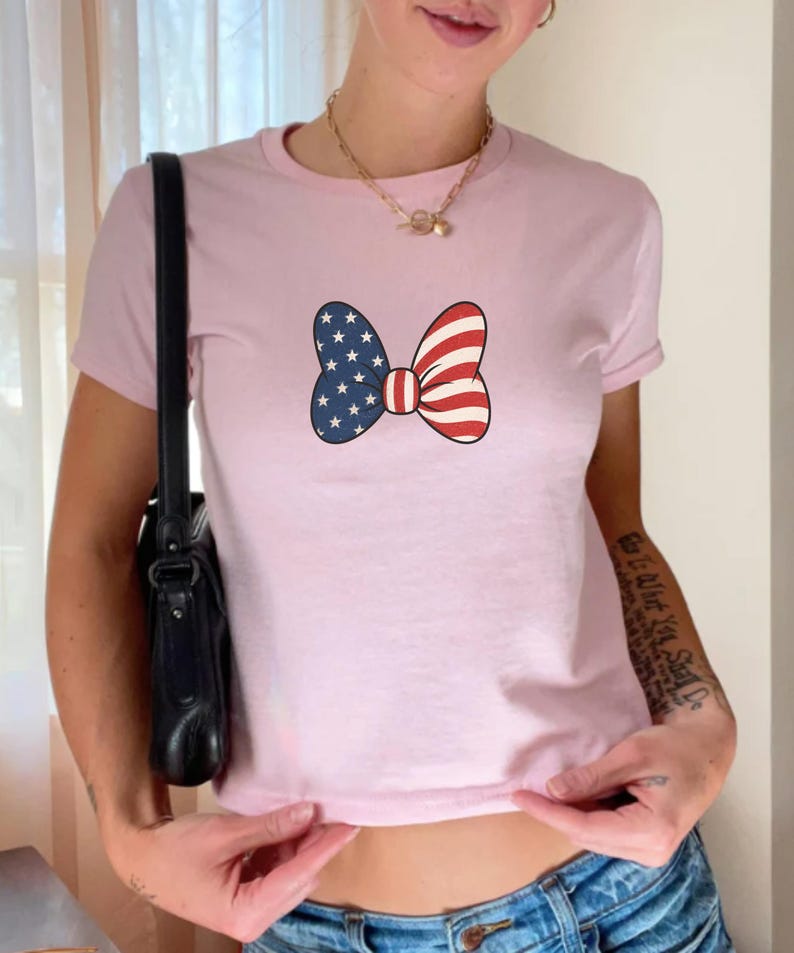 Minnie Bow Inspired Fourth of July Baby Tee | Minnie Mouse Cropped Vintage American Flag Cropped Womens Shirt | Disney USA Shirt image 16