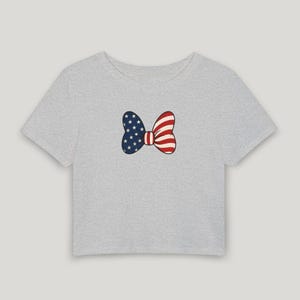 Minnie Bow Inspired Fourth of July Baby Tee | Minnie Mouse Cropped Vintage American Flag Cropped Womens Shirt | Disney USA Shirt Athletic Heather