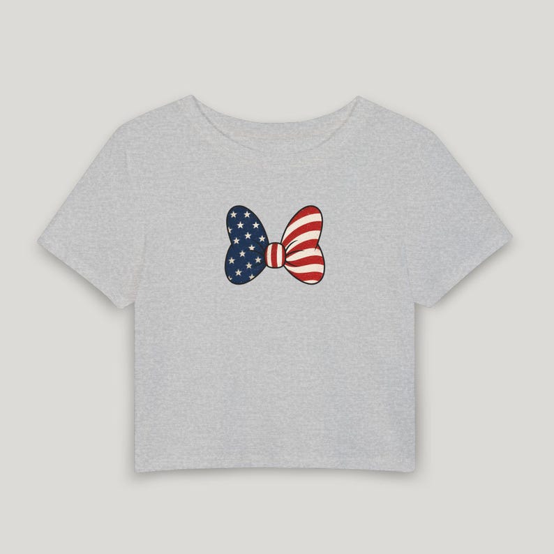 Minnie Bow Inspired Fourth of July Baby Tee | Minnie Mouse Cropped Vintage American Flag Cropped Womens Shirt | Disney USA Shirt Athletic Heather
