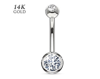 14K Solid White Gold Double Clear Gem Ball Belly Button Navel Ring Body Piercing Jewelry