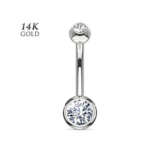 14K Solid White Gold Double Clear Gem Ball Belly Button Navel Ring Body Piercing Jewelry