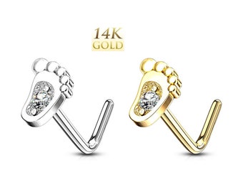 14K Solid Gold L Bend Baby Foot Clear Gem Stud Nose Ring Screw Body Piercing Jewelry