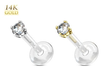 14K Gold Clear Gem Flexible Labret Monroe Stud Cartilage Tragus Helix Conch Earring Lobe Nose Lip Philtrum Medusa Chin Ring Piercing Jewelry