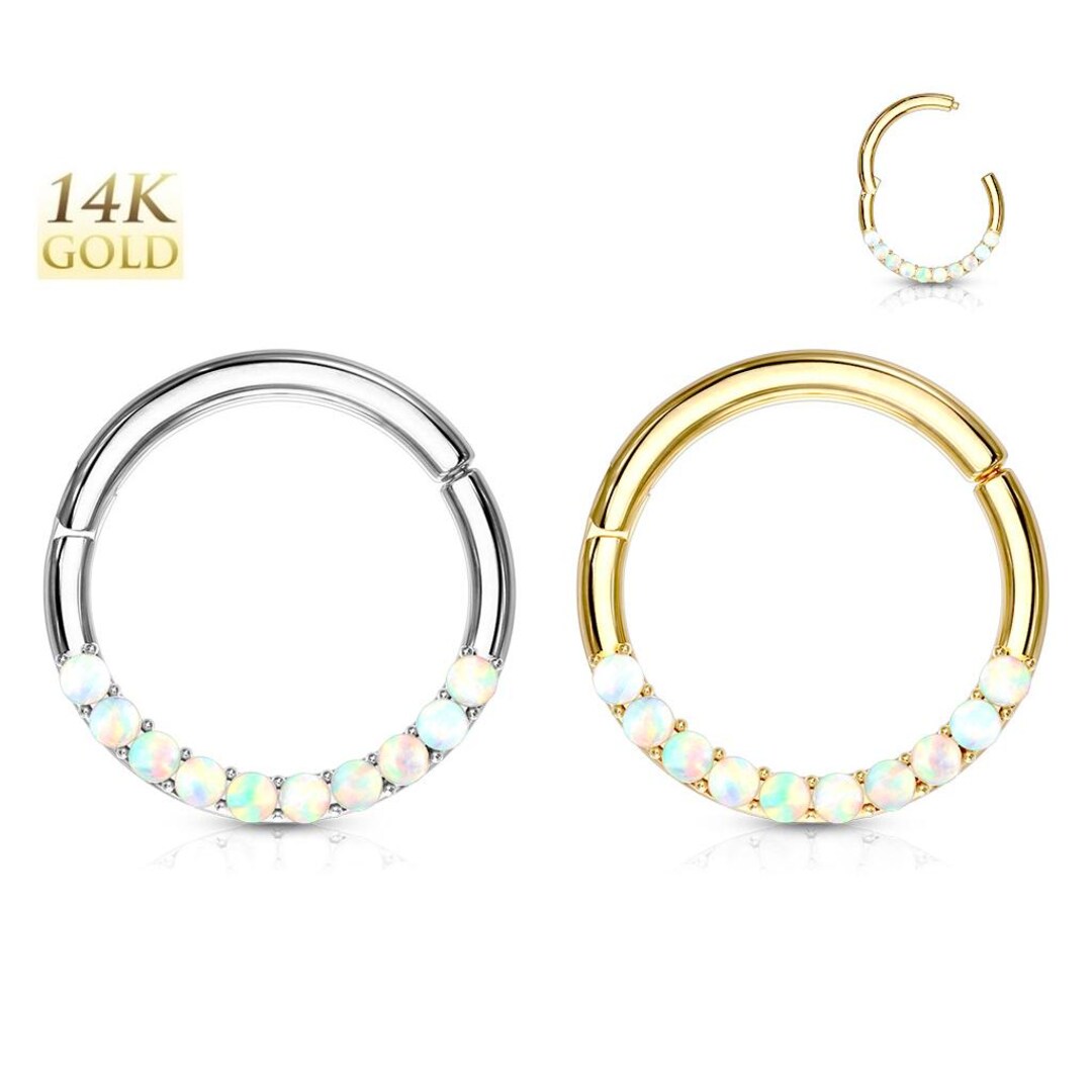 14K Solid Gold Opal Set Hinged Clicker Hoop Ring Nose Septum Ear ...