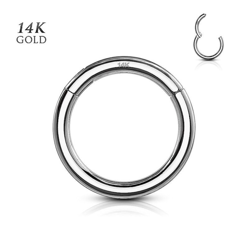 14K Solid Gold Seamless Clicker Hinged Segment Hoop Ring Earring Conch Cartilage Helix Tragus Daith Rook Septum Nose Lip Piercing Jewelry 14K White Gold