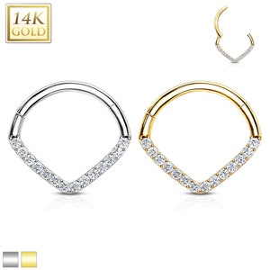 14K Solid Gold Chevron Shape Clicker Hinged Ring Ear /Nose Septum Earring Conch Cartilage Helix Tragus Daith Rook Snug Body Piercing Jewelry